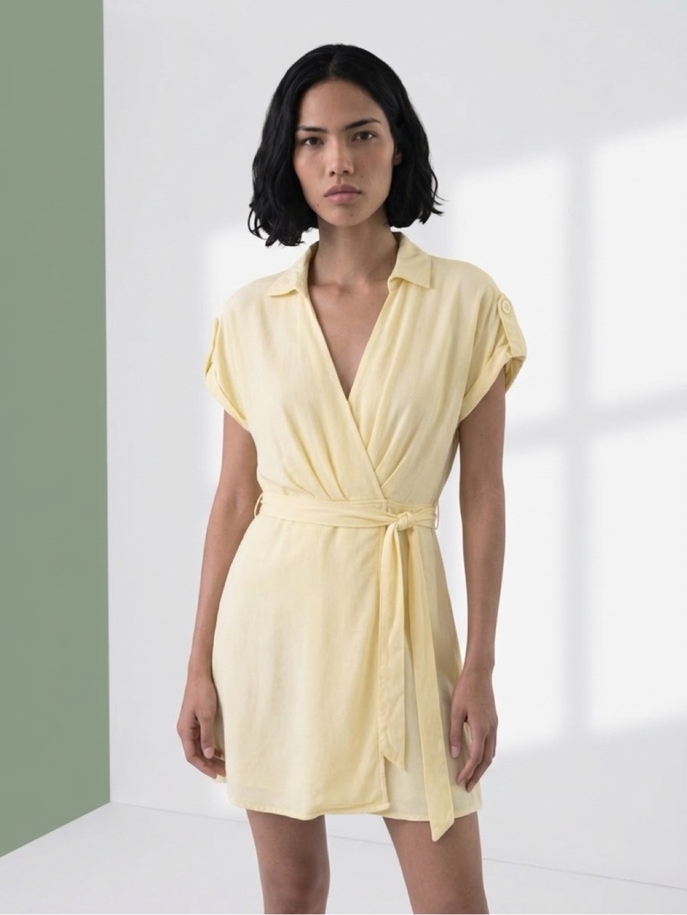 Gianni Bini Pale Yellow Wrap Shirt Dress